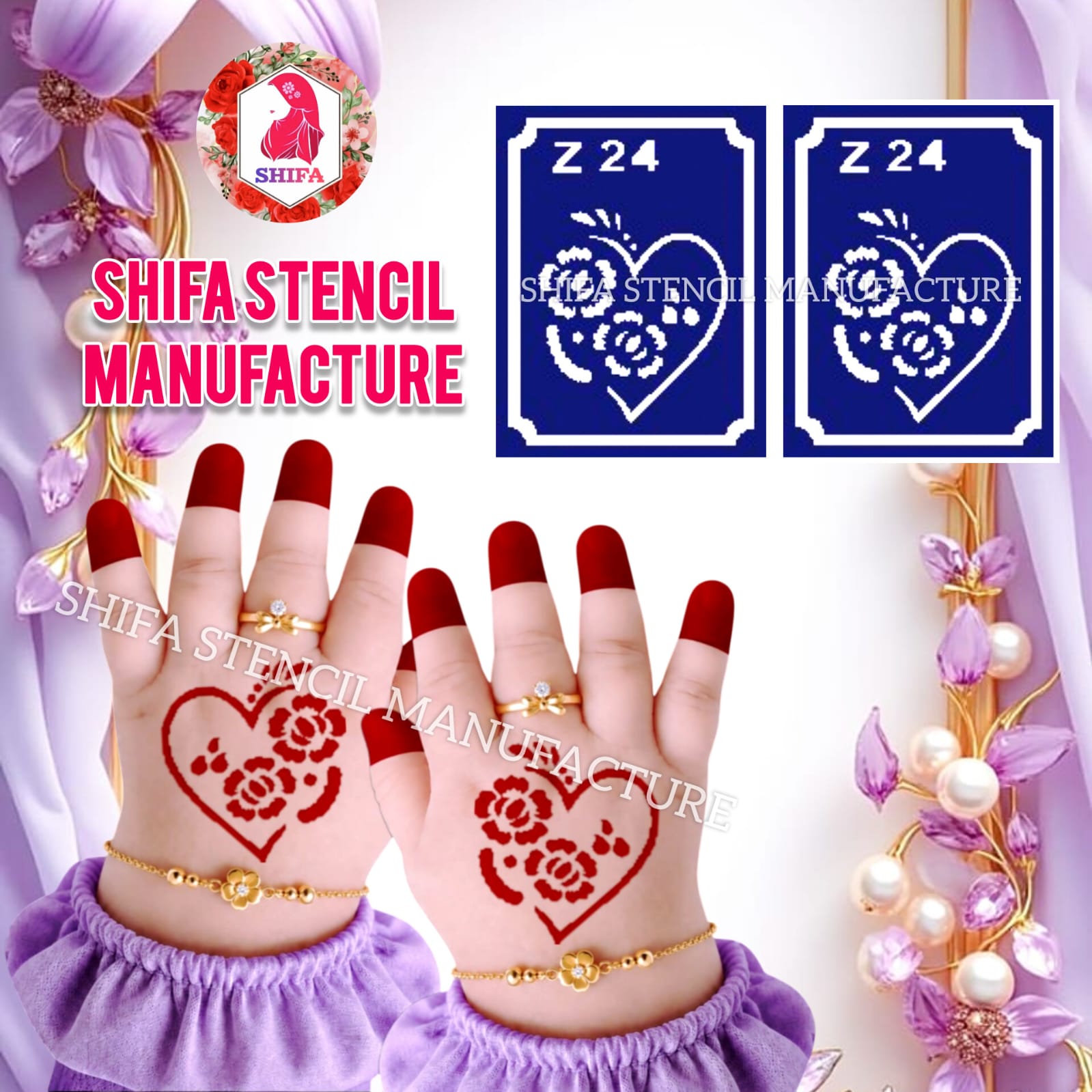 Z 24 Twin Rose Heart Sticker overview Henna Stencil - Shifa Stencil